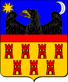 D'azur à l'aigle issante becquée d'or surmontée à dextre d'un soleil d'or et à senestre d'un croissant 
contourné d'argent et en pointe d'or aux sept tours de gueules posées quatre et trois